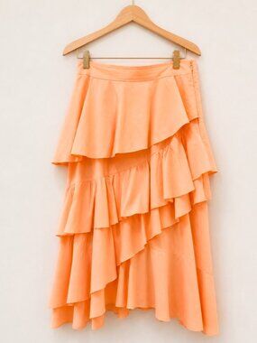 PEARL by Lela Rose Peach Asymmetrical Tiered Ruffle Midi Skirt Size 8 Made in US